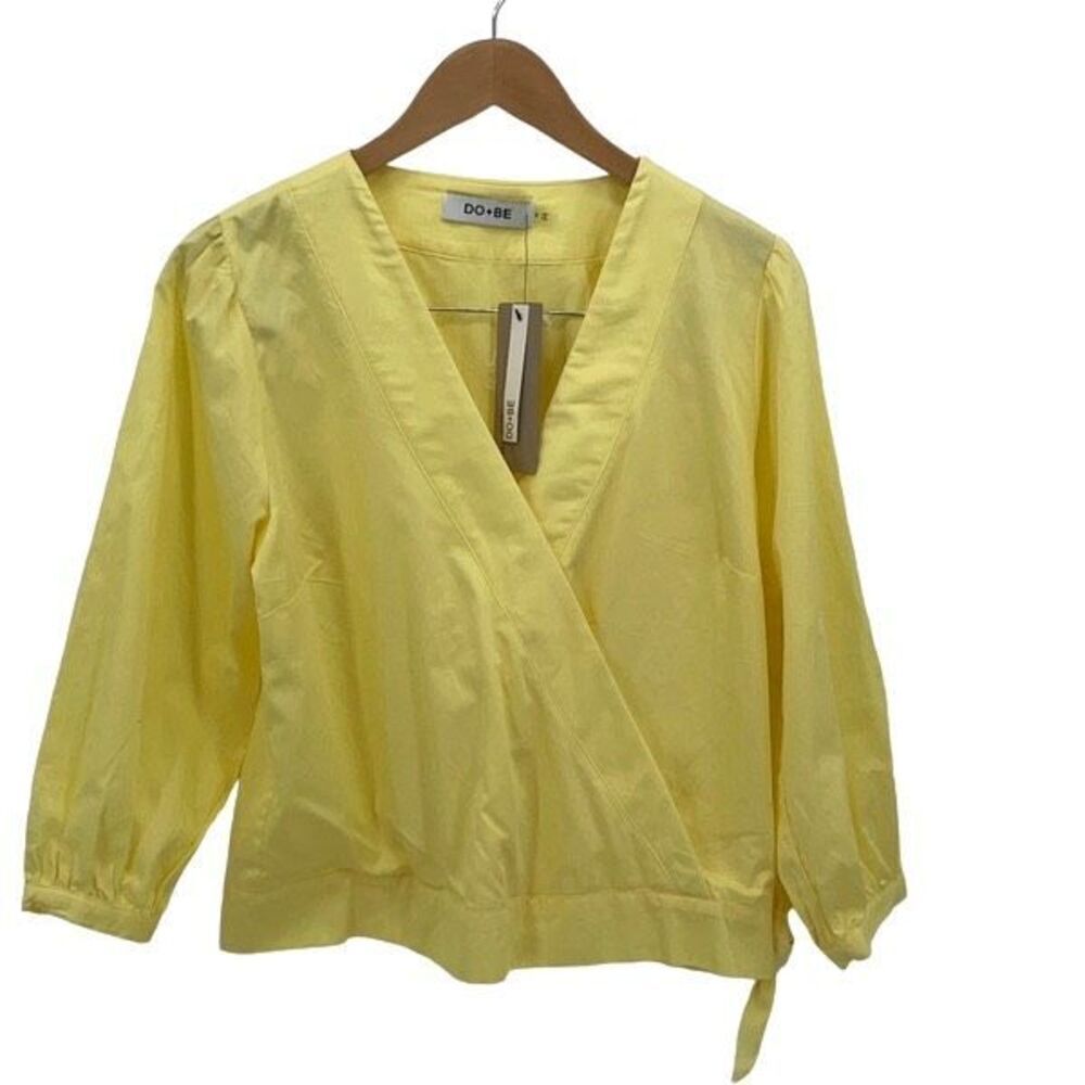 Do+Be Womens 3/4 Sleeve Knotted Side Tie Faux Wrap Cotton Top Yellow Small Nwt